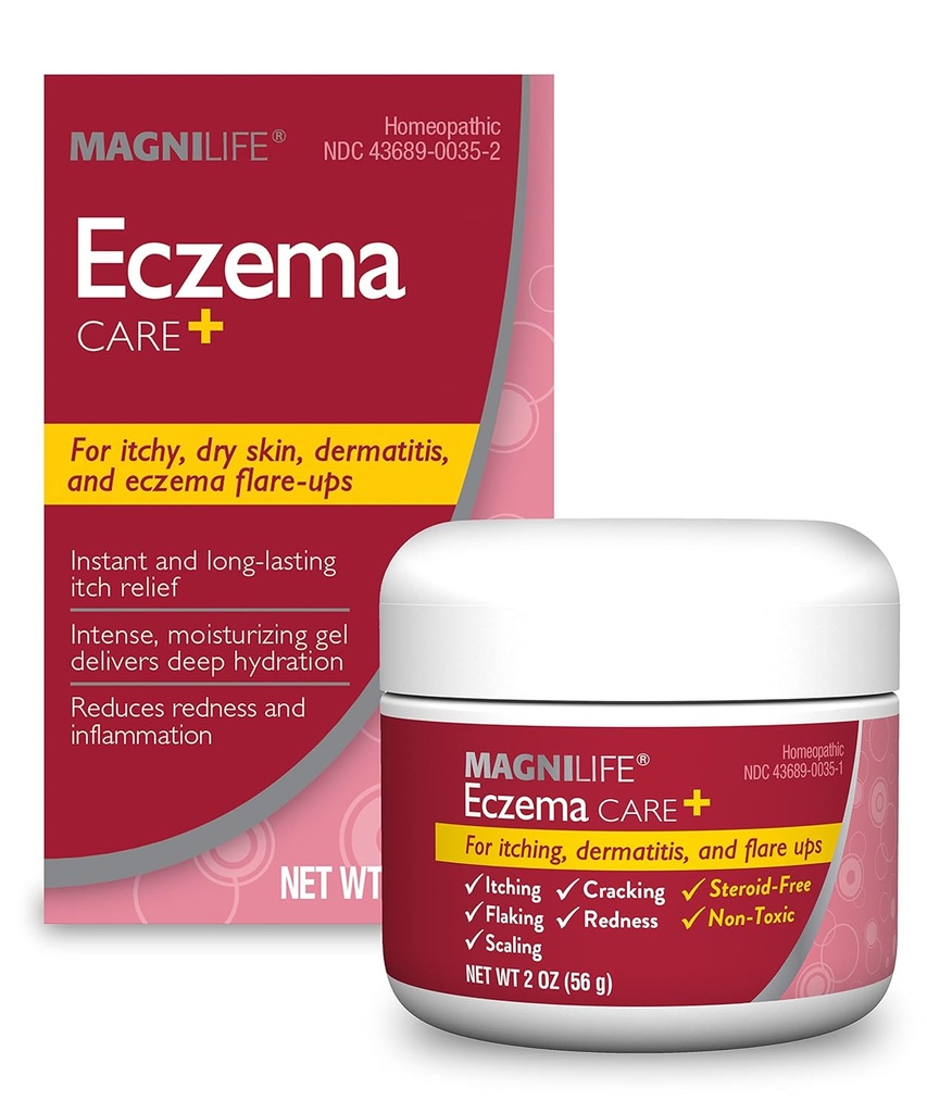 MagniLife Eczema Care+, Moisturizing Gel for Itchy, Dry Skin, Last Relief for Dermatitis and Eczema Flare-Ups - Natural Ingredients Aloe, Calendula & Tea Tree Oil - Steroid-Free, Paraben-Free - 2 oz