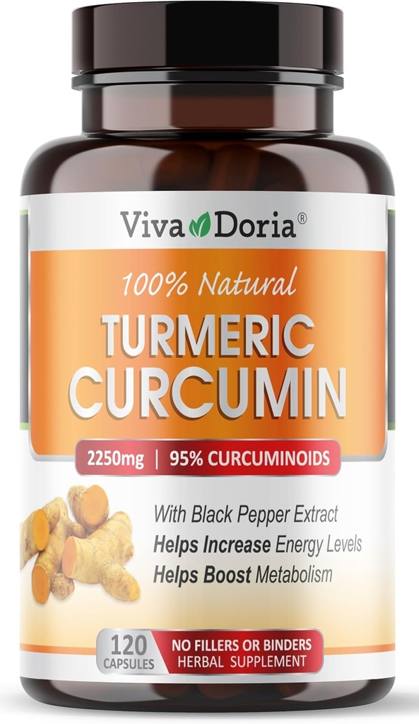 Viva Doria Curcumine curcuma avec extrait de poivre noir 2250mg, 95% Curcuminoïdes normalisés - poivre noir pour absorption maximale, 120 Capsules végétales