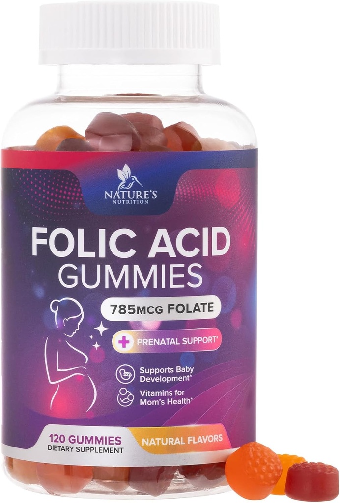 Gommies d'acide folique pour les femmes 785 mcg, Vitamines prénatales essentielles pour maman et bébé, supplément folique végétalien Gommy, vitamine quotidienne B9 Folate extra-fort, avant pendant après la grossesse - 120 Gommies