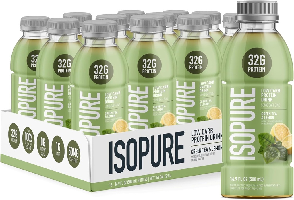 Isopure Zero Carb 32g Clear Protein Ready-to-Drink, Whey Protein Isolate, Green Tea, 12 Pack (Packaging May Vary)