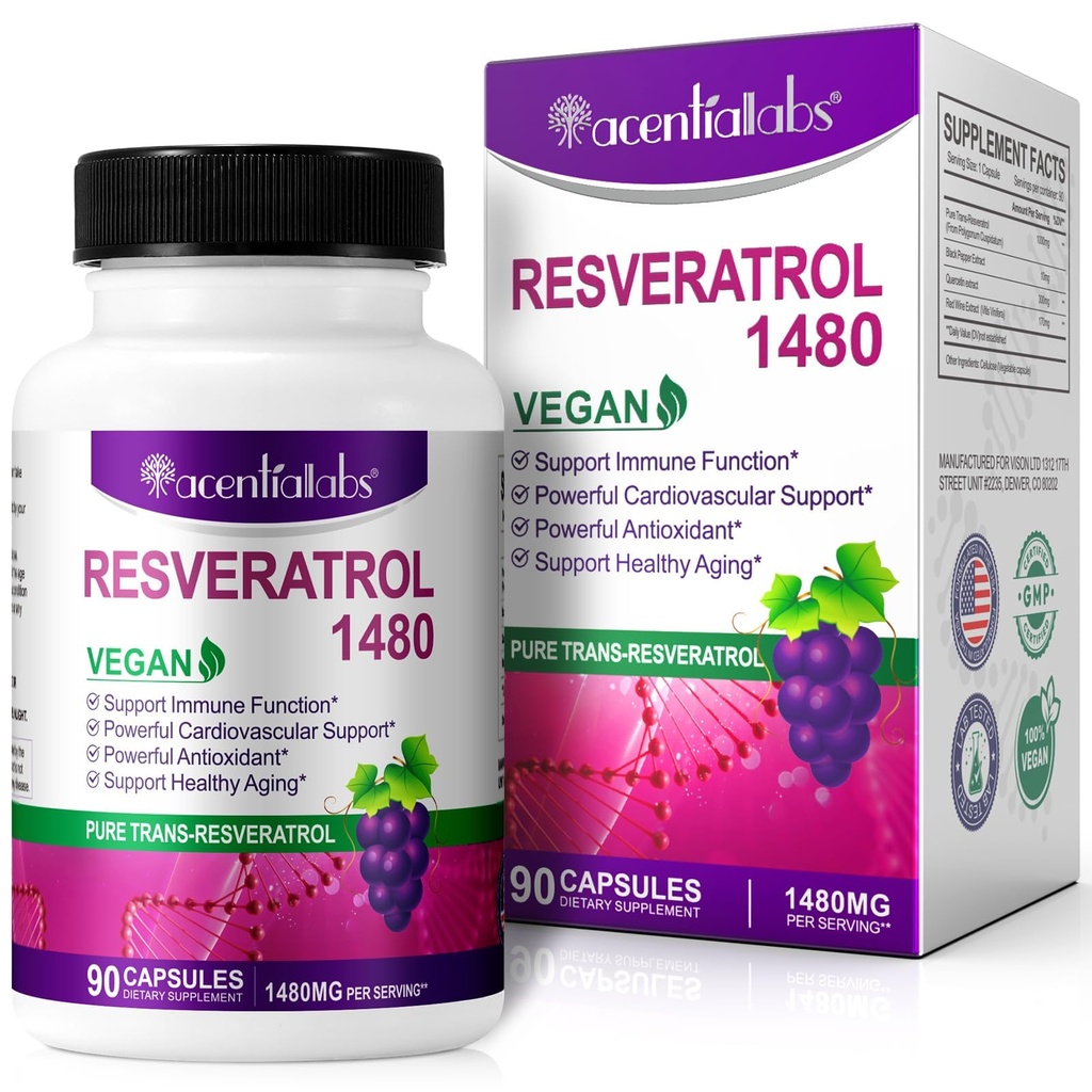Resvératrol 100% naturel - 1480mg Par portion, 90 Capsules de Véggie, 99 % Trans-Resvératrol pur, Antioxydant pour le vieillissement en santé, le cerveau et le soutien cardiaque