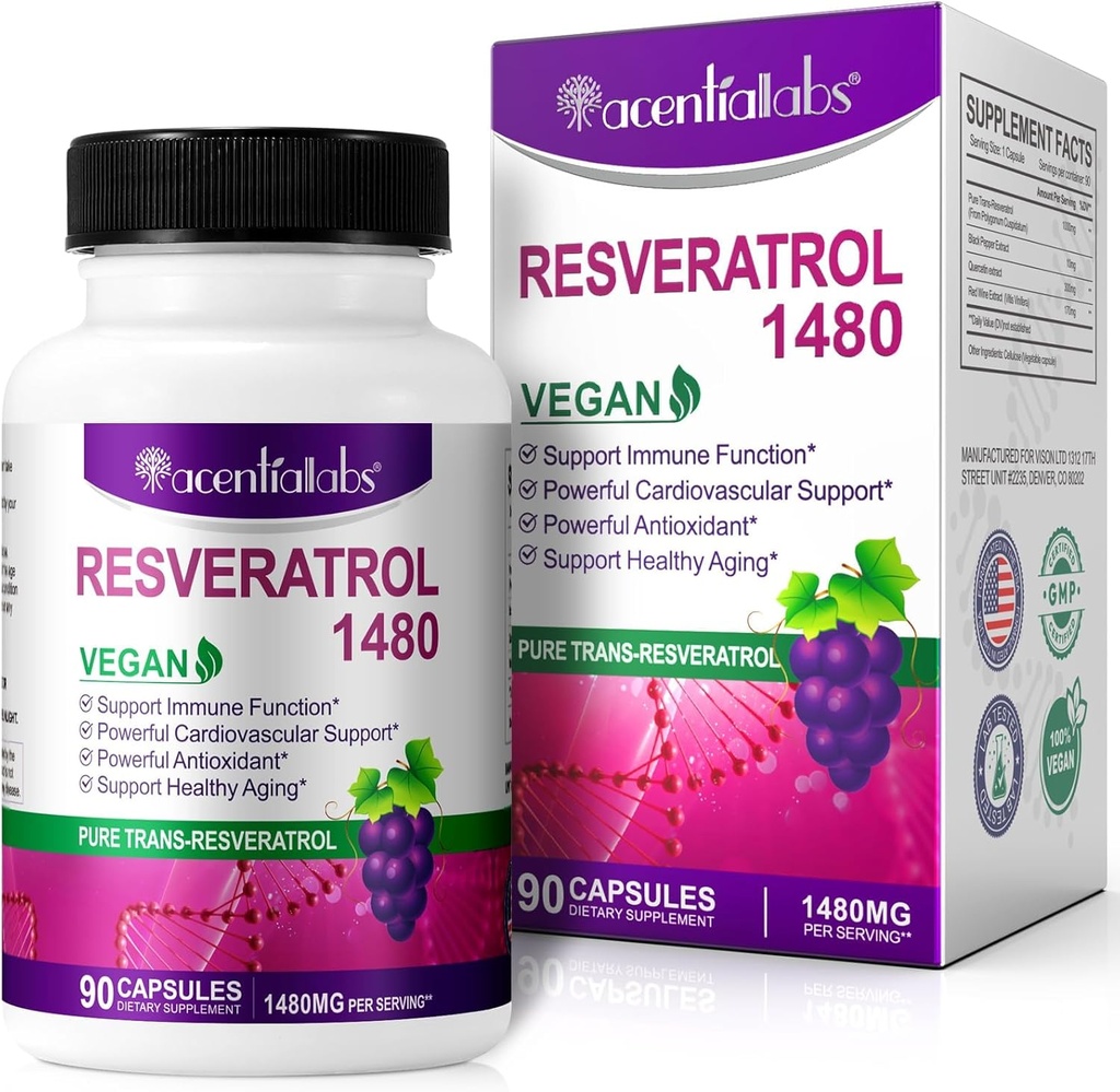 Resvératrol 100% naturel - 1480mg Par portion, 90 Capsules de Véggie, 99 % Trans-Resvératrol pur, Antioxydant pour le vieillissement en santé, le cerveau et le soutien cardiaque