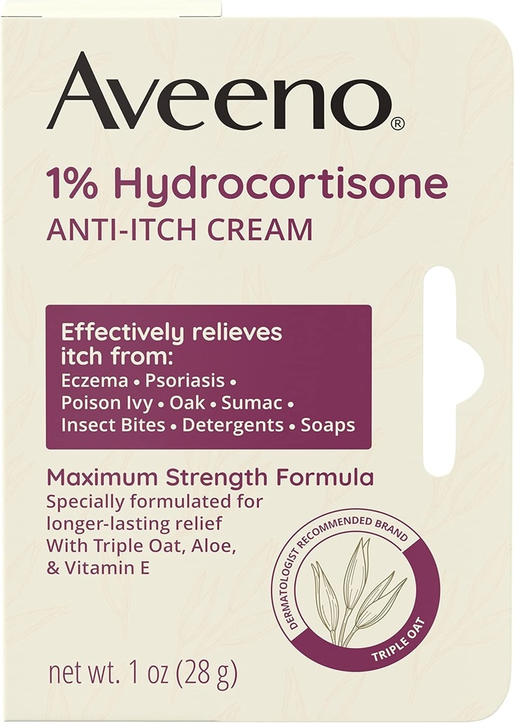 Aveeno Maximum Strength 1% Hydrocortisone Anti-Itch Cream, Triple Oat, Aloe & Vitamine E pour le soulagement des démangeaisons de l'eczéma, du psoriasis, des piqûres d'insectes, de l'ivraie empoisonnée, du chêne et du sumac et des détergents, 1 oz
