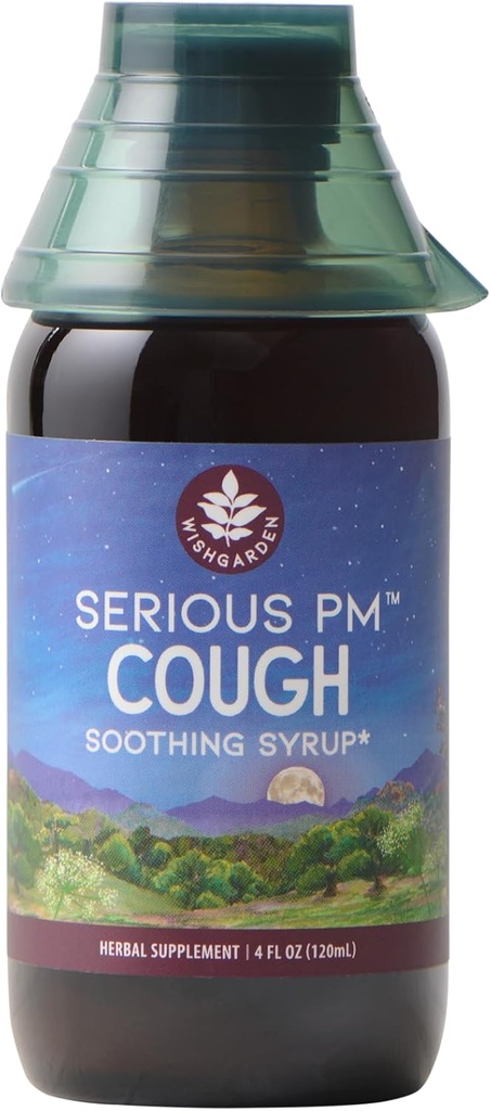 WishJarden Herbs Serious Cough PM Soothing Sirop - Naturel Herbal Cough Nighttime Suppressant pour les adultes avec Mullein Leaf Calme la toux Reflex, Normalise la production de mucus, soutient le sommeil reposant, 4oz