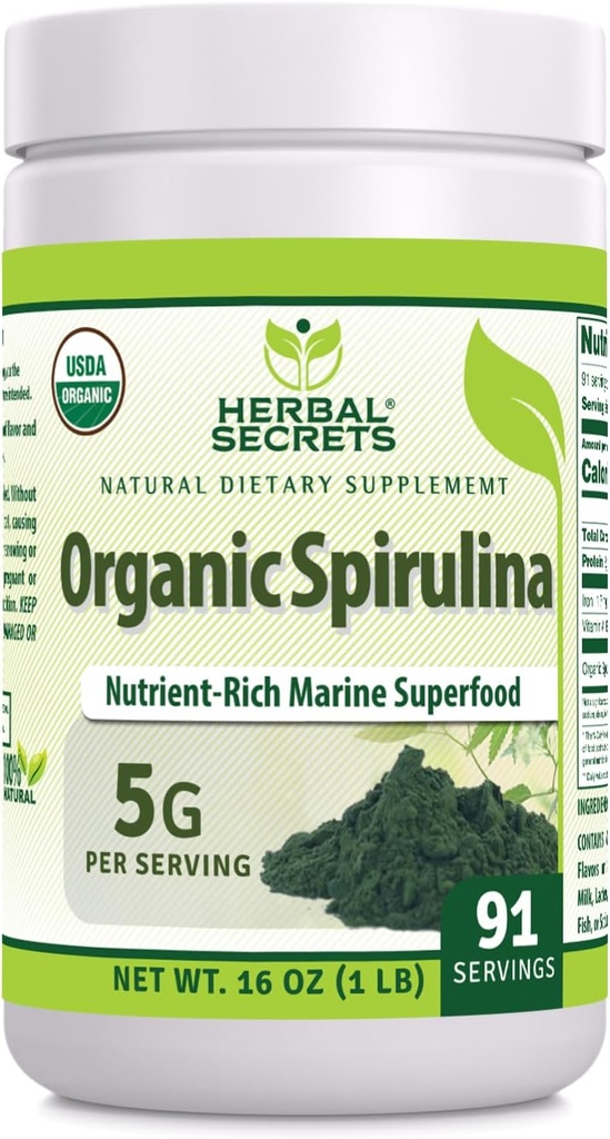 Herbal Secrets Poudre de Spiruline Bio 16 Oz-Oz Non-GMO-Oz Sans gluten Fabriqué aux États-Unis