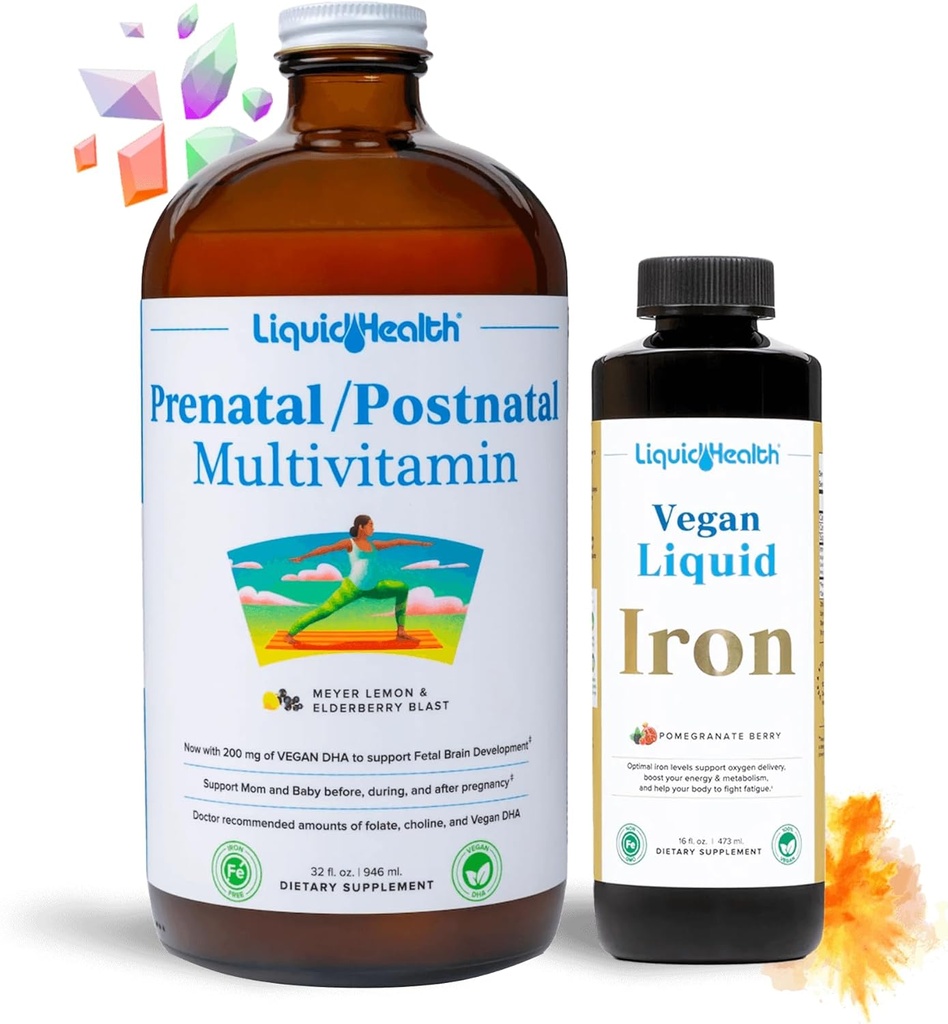 LIQUIDHEALTH Prenatal Baby Booster Pregnancy Vitamin Bundle - Vegan Women's Prenatal/Postnatal Multivitamin with SunActive & Ferrochel Iron, Folate, Whole Foods - Made in The USA, 100% Vegan (Bundle)