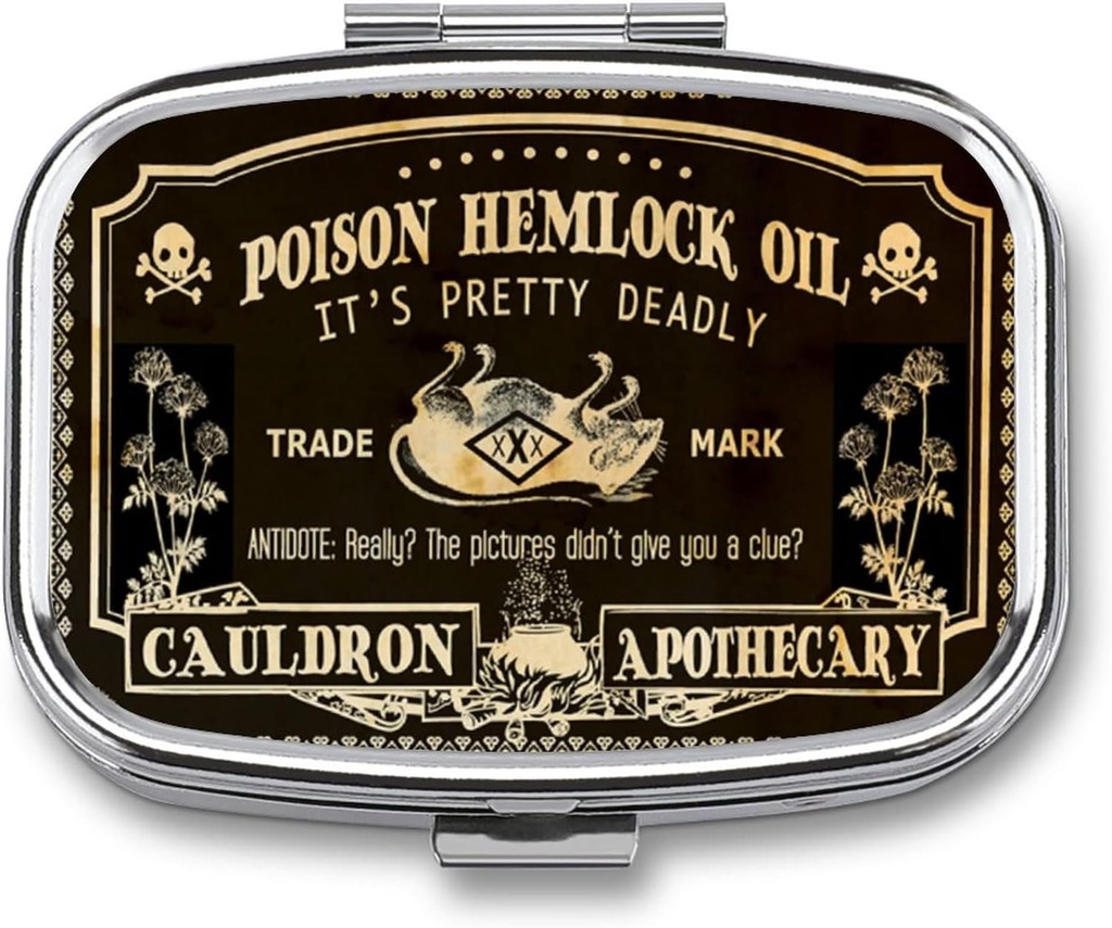 Metal 2 Compartiment Pill Organizer Travel Friendly Portable Compact Pill Box Cute Pill Case pour conserver les vitamines/huile de poisson/compléments/médecine/comprimé pour la purse/pochette (Étiquette antipoison de la vigne)