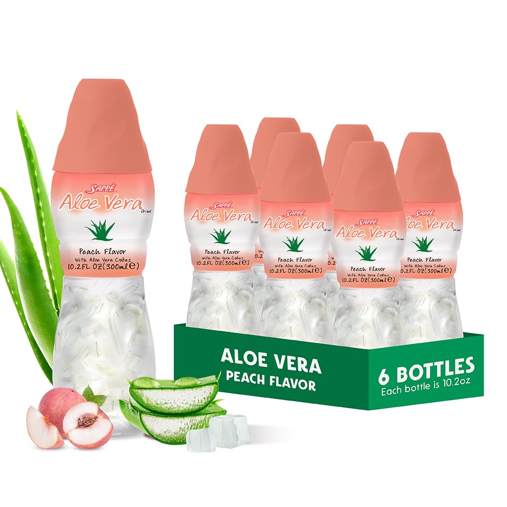 Jus d'aloès vera (arôme de pêche) avec une plus grande pulpe d'aloès pur et chunky (6 paquets) Jus à base de plantes excellent pour l'hydratation et contient une grande pulpe d'aloès. Il est sain pour les adultes et les enfants