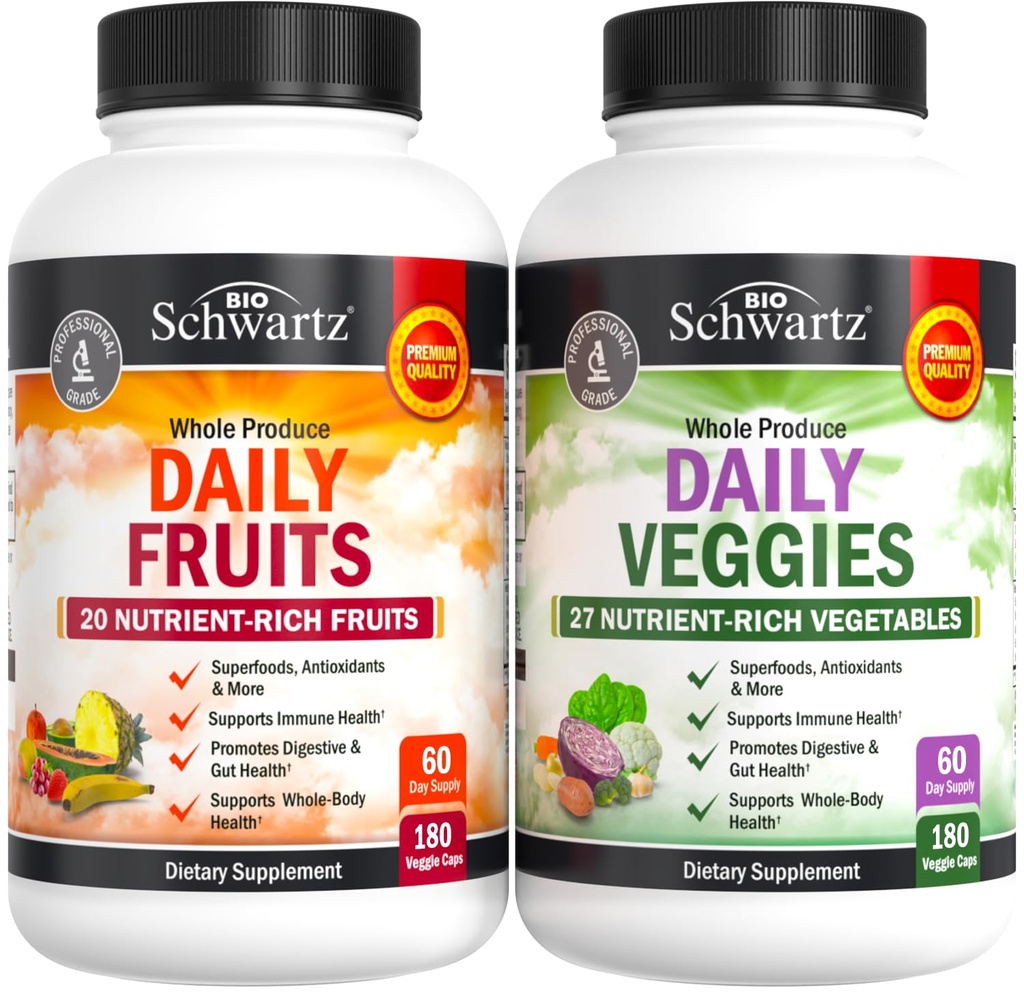Supplément quotidien aux fruits et légumes pour les femmes et les hommes - 47 Fruits et légumes entiers - Divers équilibre naturel des vitamines Minéraux et Noni - 180 capsules de fruits, 180 capsules de légumes (2 boîtes)