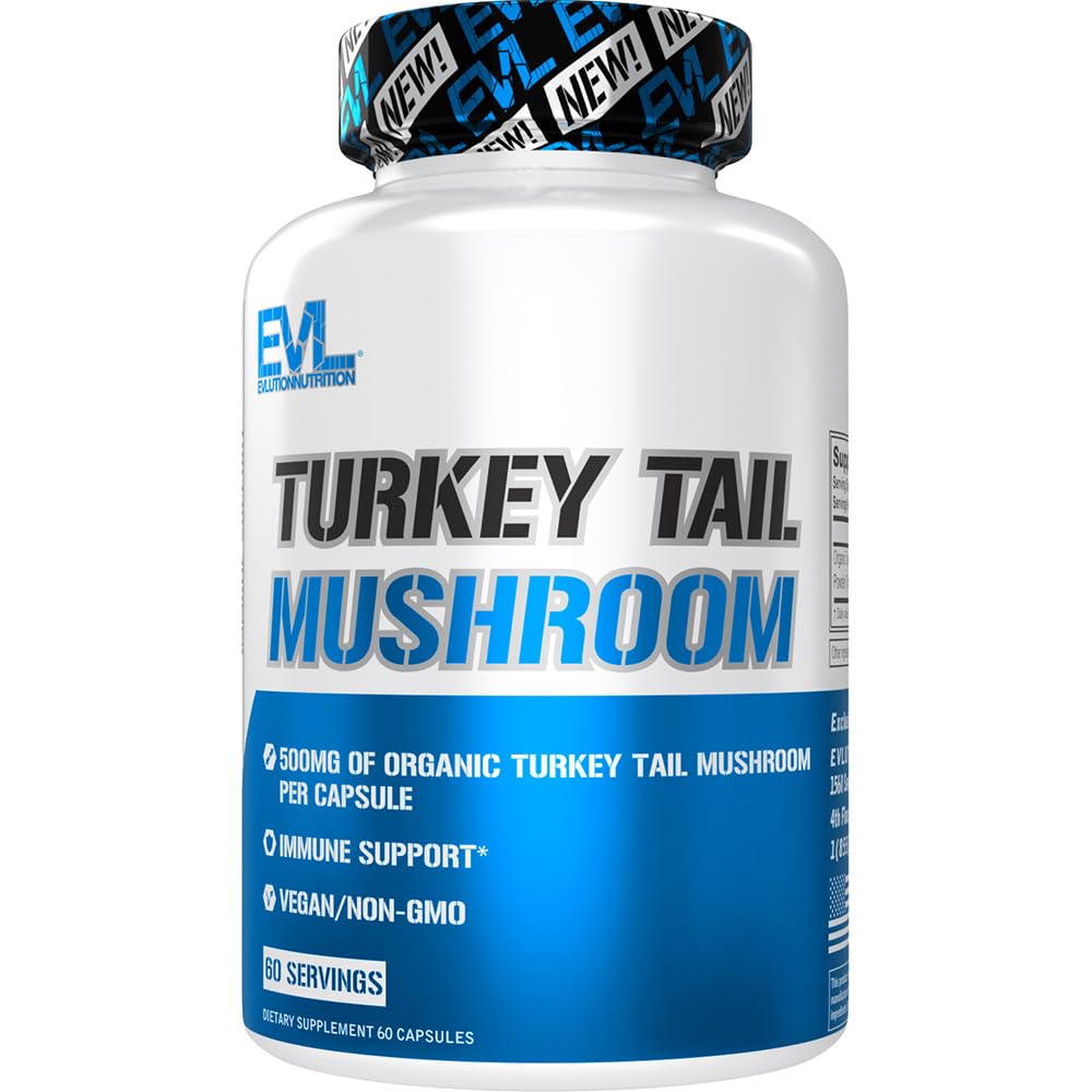 Evlution Nutrition Turkey Tail Mushroom - 500mg Bio Turkey Tail Mushroom par Capsule - Immmune Support - Complément alimentaire - Vegan & Non-OGM - 60 portions - 60 capsules