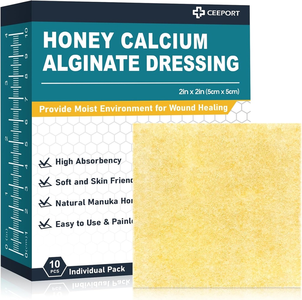 Manuka Honey Calcium Alginate Wound Dressing, 2"x 2" High Absorbency Honey Wound Dressing with Calcium Alginate, Medical Grade Manuka Honey Wound Care Bandages Patchs for Wounds(Pack of 10)