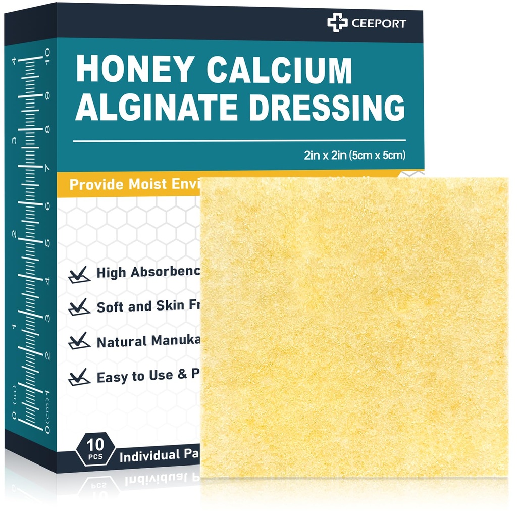 Manuka Honey Calcium Alginate Wound Dressing, 2"x 2" High Absorbency Honey Wound Dressing with Calcium Alginate, Medical Grade Manuka Honey Wound Care Bandages Patchs for Wounds(Pack of 10)