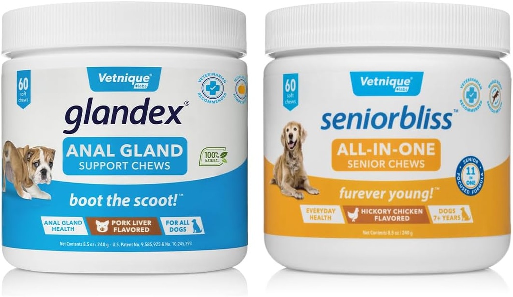Vetnique Labs Seniorbliss All-in-One Multivitamin Chews pour chiens seniors (60ct) et Glandex Anal Gland Support Soft Chew Treats avec citrouille pour chiens (60ct Pork)