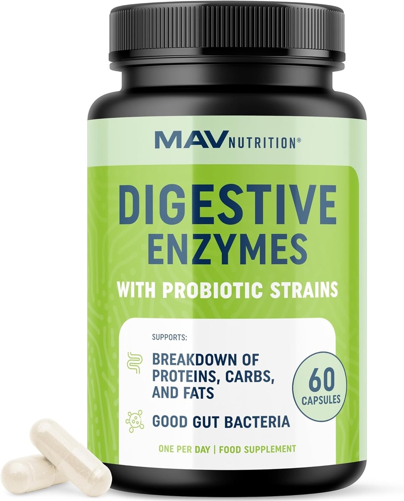 Enzimas Digestivas con Probióticos.com Salud Digestiva para Mujeres y Hombres.com Mezcla de Enzimas de 400 mg con Cepas Probióticas para la Digestión y la Salud Intestinal.com Végétariano 60 Cápsulas