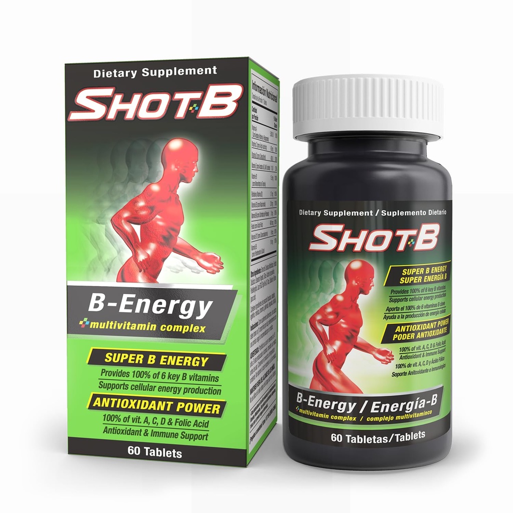 Complexe multivitamines Shot B, Énergie B, Complexe vitamine B avec support antioxydant, Vitamines B complexes avec A, C, D, E et acide folique pour l'énergie cellulaire et la santé immunitaire - 6 Vitamines B clés, 60 Compte