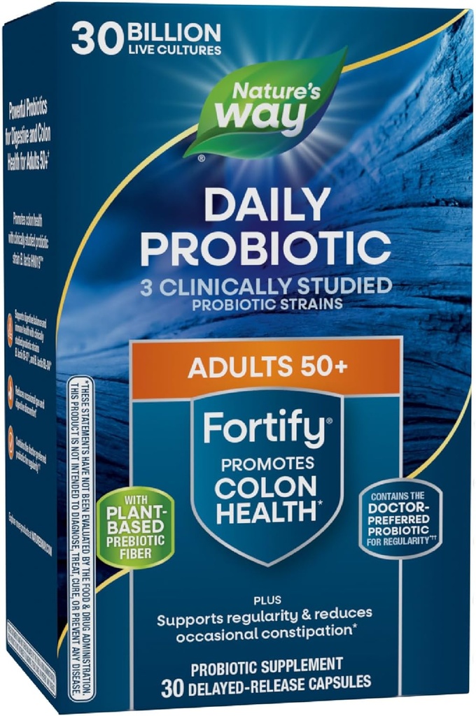 Nature's Way Fortify 50+ Probiotique quotidien pour les hommes et les femmes, 30 milliards de cultures vivantes, Colon, Digestive, et Immuni Health Support* Supplément, 30 capsules