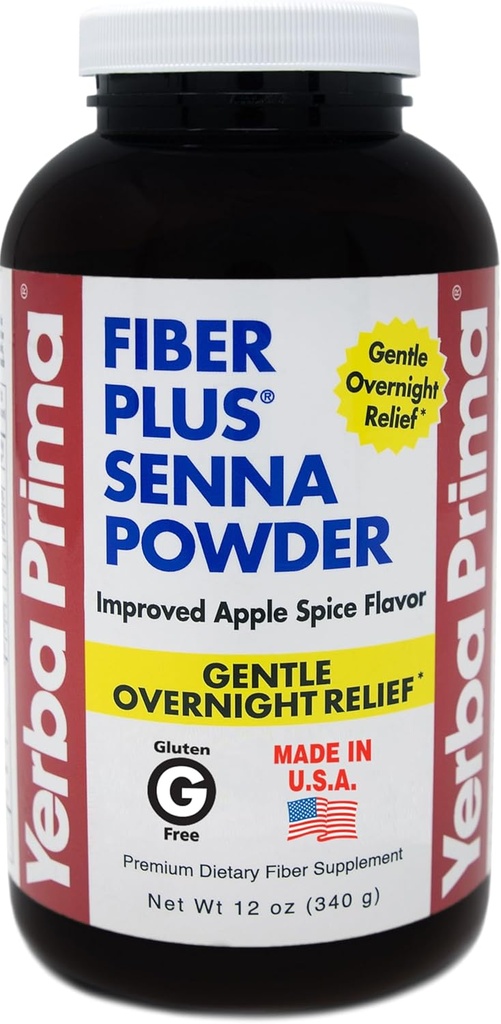 Yerba Prima Fiber Plus Senna Powder, 12 oz (paquet de 1) - Arôme d'épice de pomme, Gentle Overnight Relief, États-Unis Fabriqué, non-OGM, Stevia sucré, utilisation à court terme pour rétablir la régularité