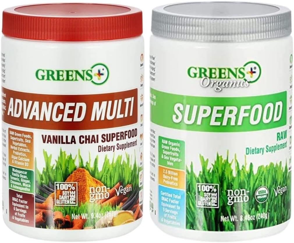 Greens+ Bio Superfood Raw avec Multi Vanilla Chai Superfood avancé, lot (paquet de 2)