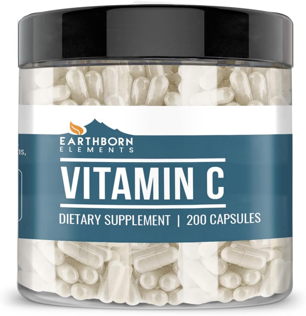 Earthborn Elements Vitamin C 200 Capsules, Pure & Undiluted, No Additives