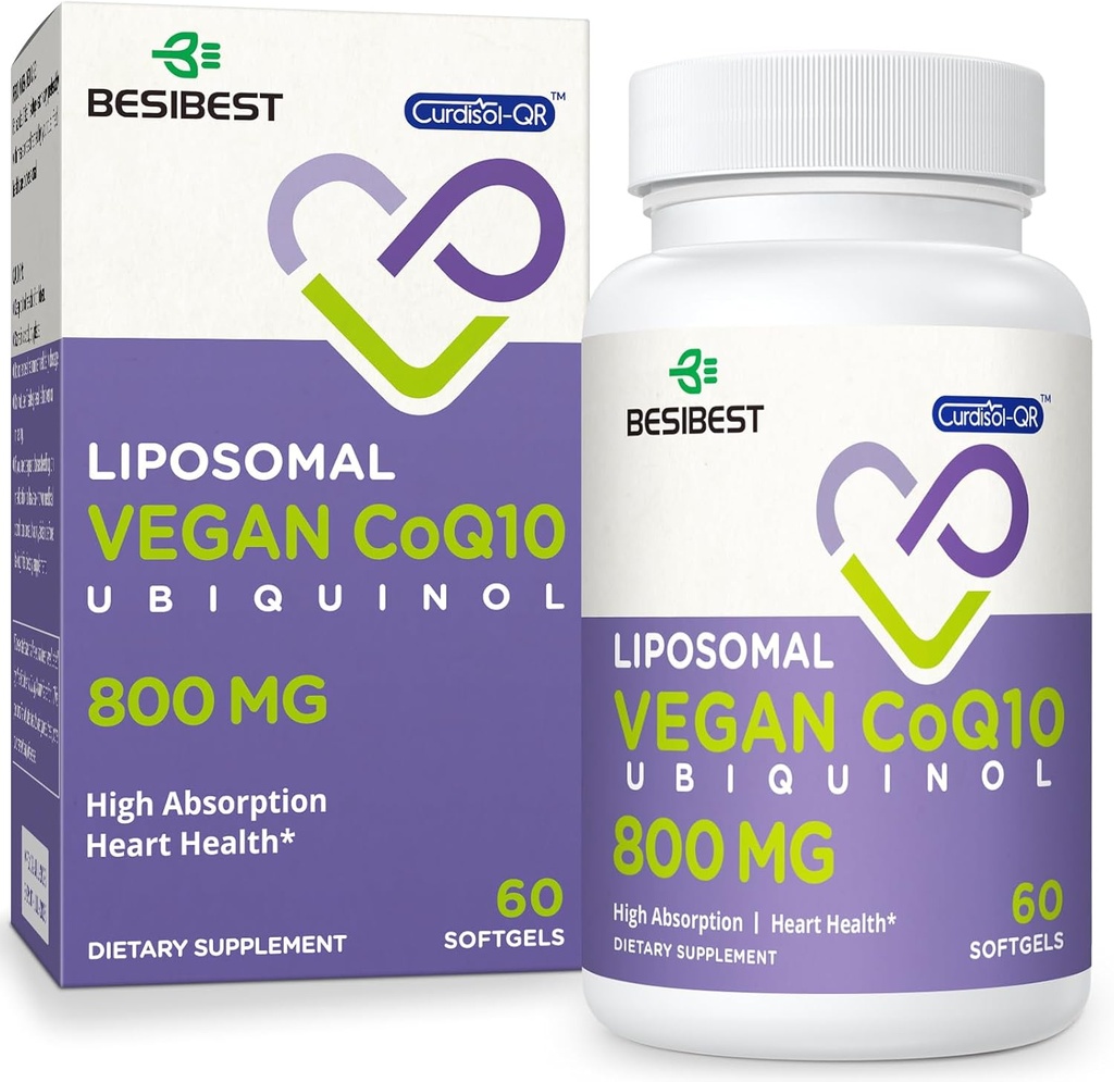Liposomique Ubiquinol CoQ10 800 MG Softgel, supplément à haute absorption CoQ10 Ubiquinol, Coenzyme active Q10 800mg, puissant antioxydant pour la fonction cardiaque et cérébrale, production d'énergie, 60 softgels végétaliens