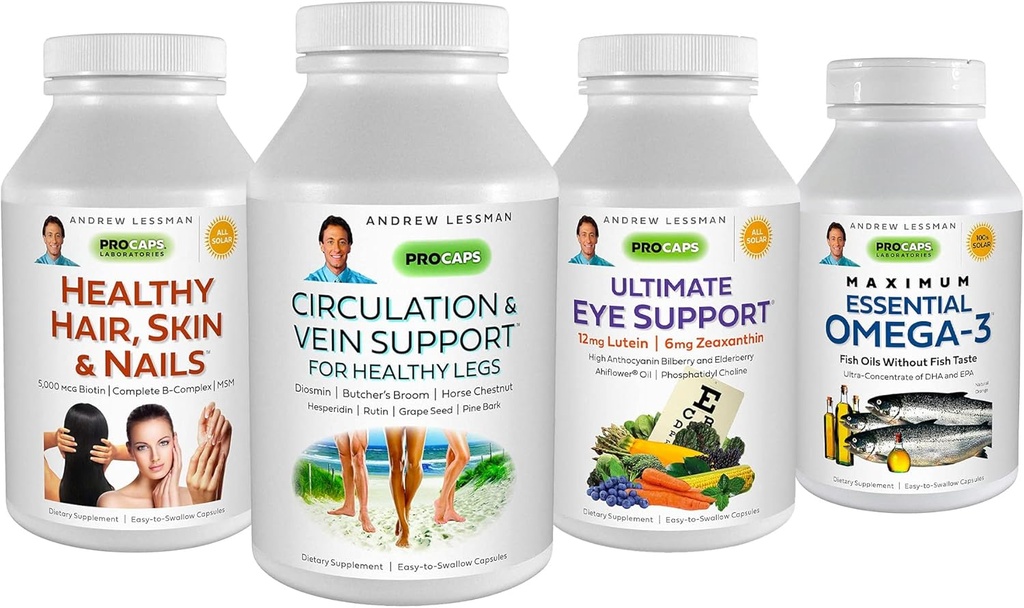 ANDREW LESSMAN 4 Product Customer Favorites Bundle - 180 Count Each of Circulation & Vein Support, Healthy Hair, Skin and Nails, Ultimate Eye Support, and Maximum Essential Omega-3 (Orange)