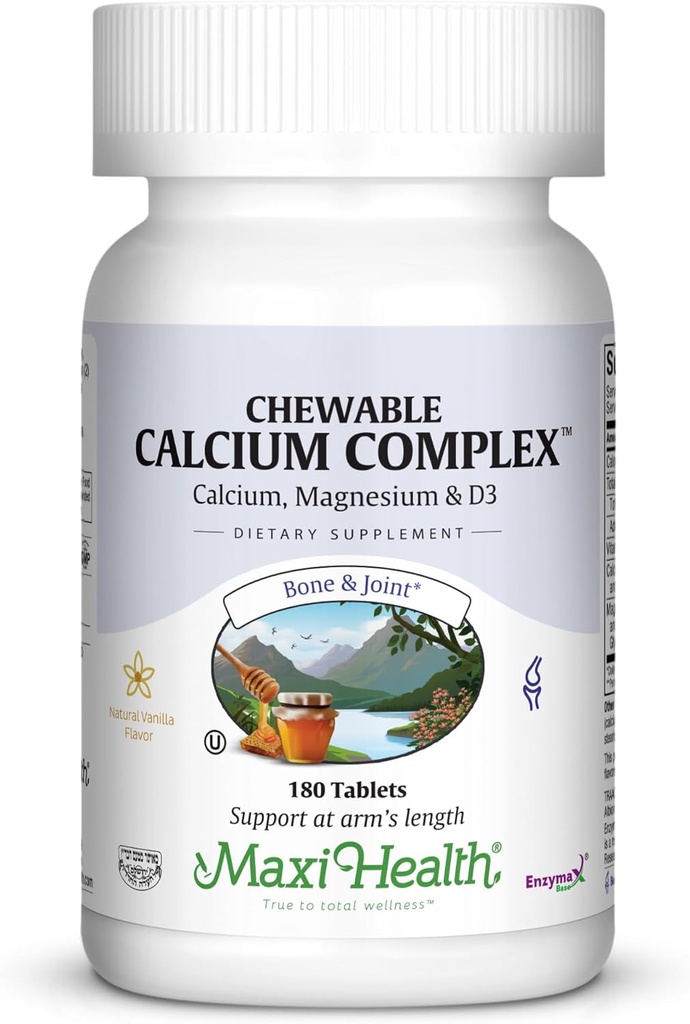Maxi Health Chocable Calcium Complex – Vanilla Flavor Vitamine D3 et Magnésium Chewables pour aider à soutenir les os – supplément de magnésium et de calcium Kosher pour les femmes et les hommes (180 comte)