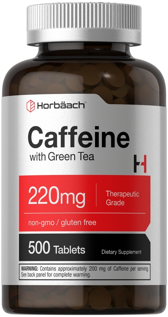 Horbäach Caffeine Pills 220mg with Green Tea | 500 Tablets | Vegetarian, Non-GMO & Gluten Free