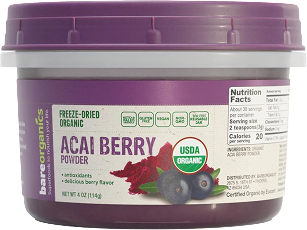 BareOrganics Poudre de baies d'açai, poudre super-alimentaire, complément alimentaire biologique, 4 onces