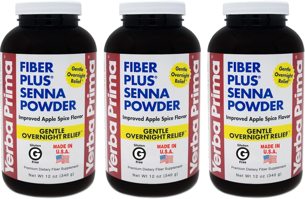 Yerba Prima Fiber Plus Senna Powder, 12 once (paquet de 3) - pour une utilisation à court terme pour rétablir la régularité, l'amélioration de l'arôme d'épice de pomme, Stevia sucrée, fournit un soulagement doux nuitée, non-OGM