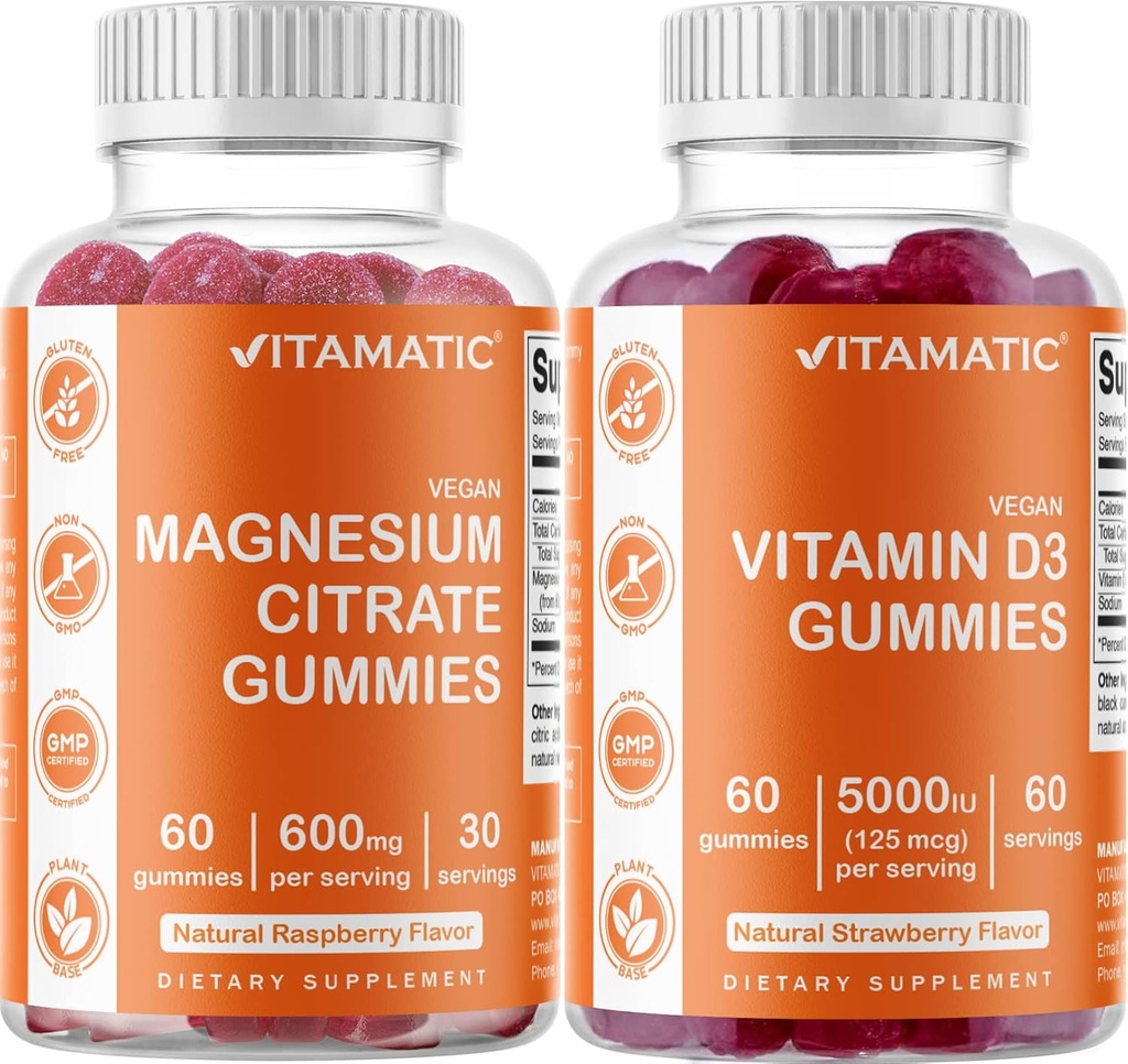 Magnésium Vitamatique et Vitamine D3 Gummies Combo - 60 Vegan Comptent chaque