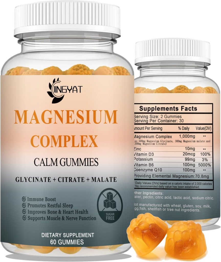 Triple Magnesium Complex - High Absorption Magnesium Gummies, Magnesium Glycinate, Malate, & Citrate, Chelated Forms with Vitamin D and Zinc, Potassium, Coq10 Supplement