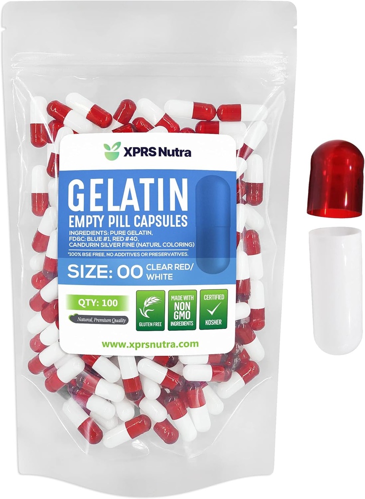 XPRS Nutra Size 00 Capsules vides - 100 Capsules de gélatine vides de compte - Remplissage de la gélule de bricolage - Capsules de gel de pilule rechargeables pour compléments Do-It-Youlf (rouge clair/blanc)