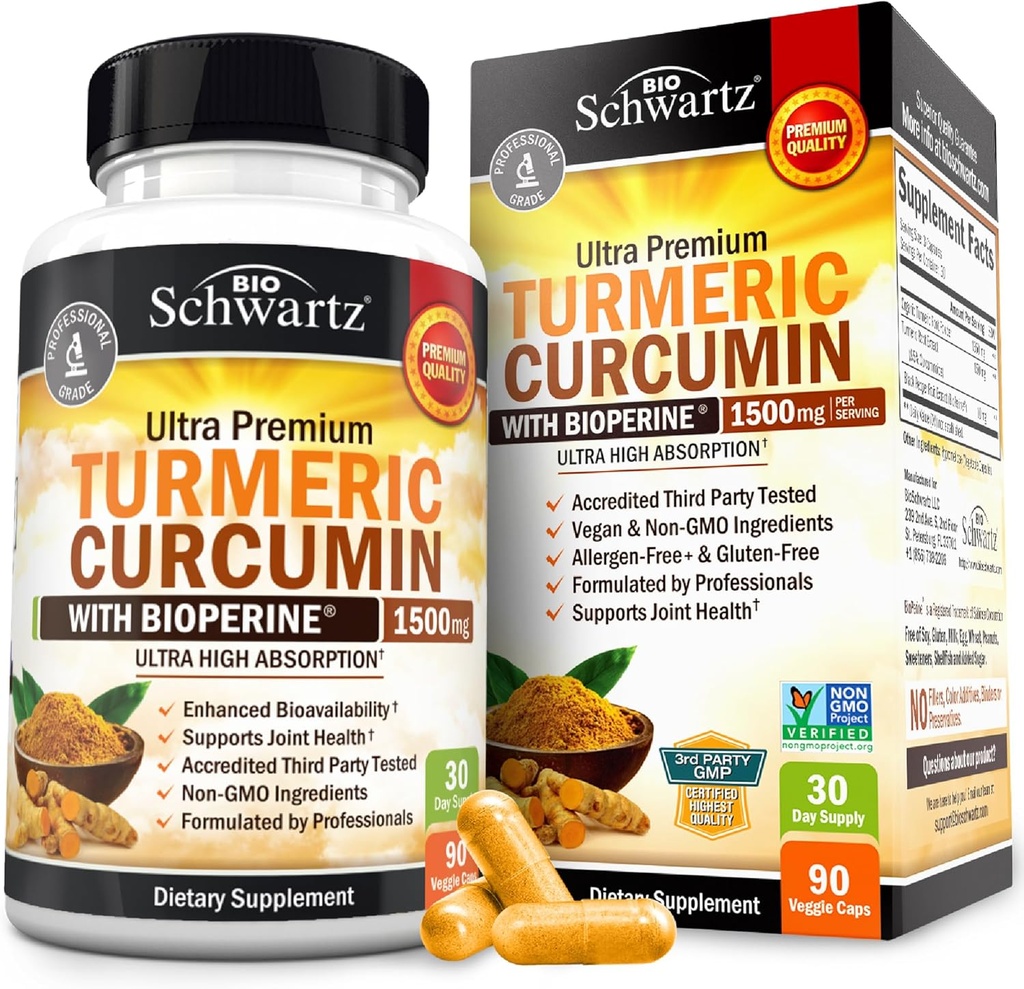 Curcumine curcumine avec extrait de poivre noir 1500mg - Supplément curcuma ultra-potent à haute absorption avec 95% Curcuminoides et BioPerine - Capsules Tumériques non OGM pour le soutien des articulations - 90 Capsules