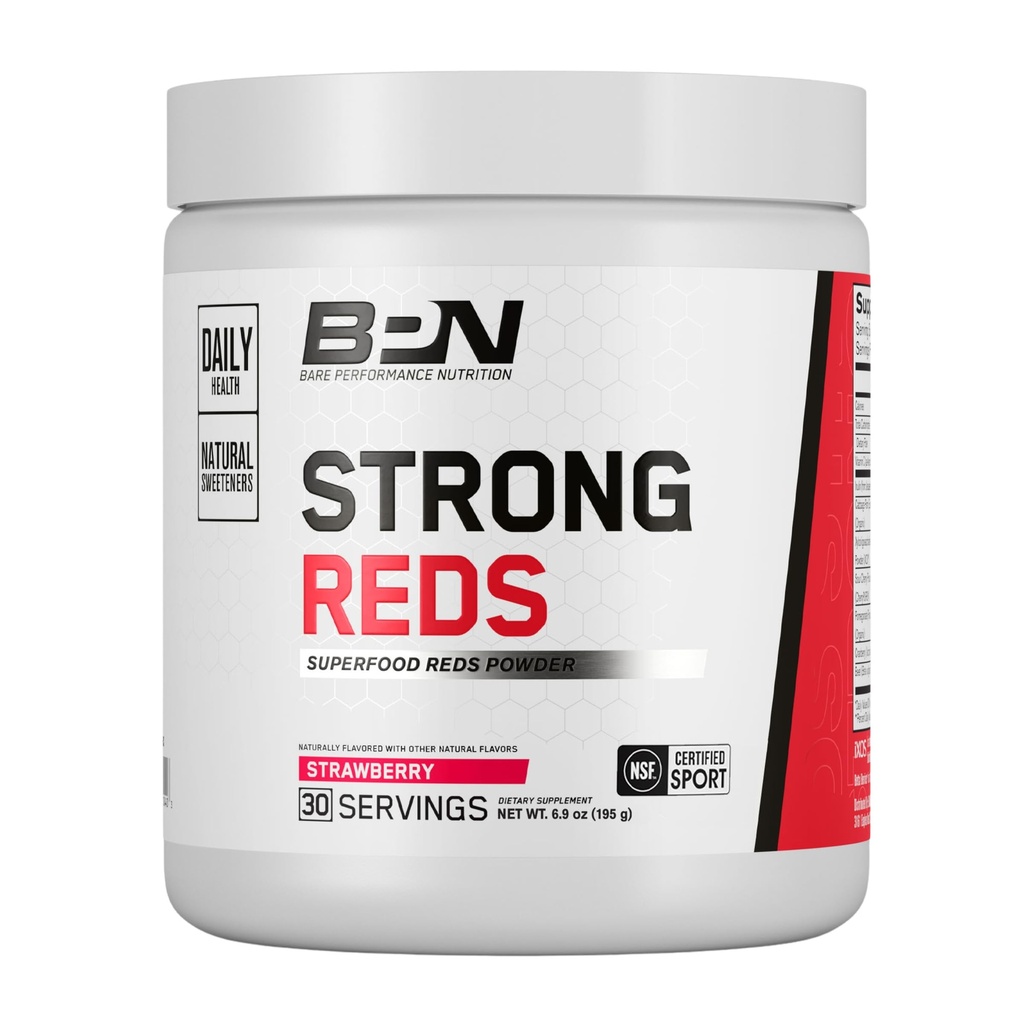 BARE PERFORMANCE NUTRITION, BPN Reds Strong Superfood Powder, enzymes digestives, antioxydants, énergie naturelle améliorée, 30 portions, fraise