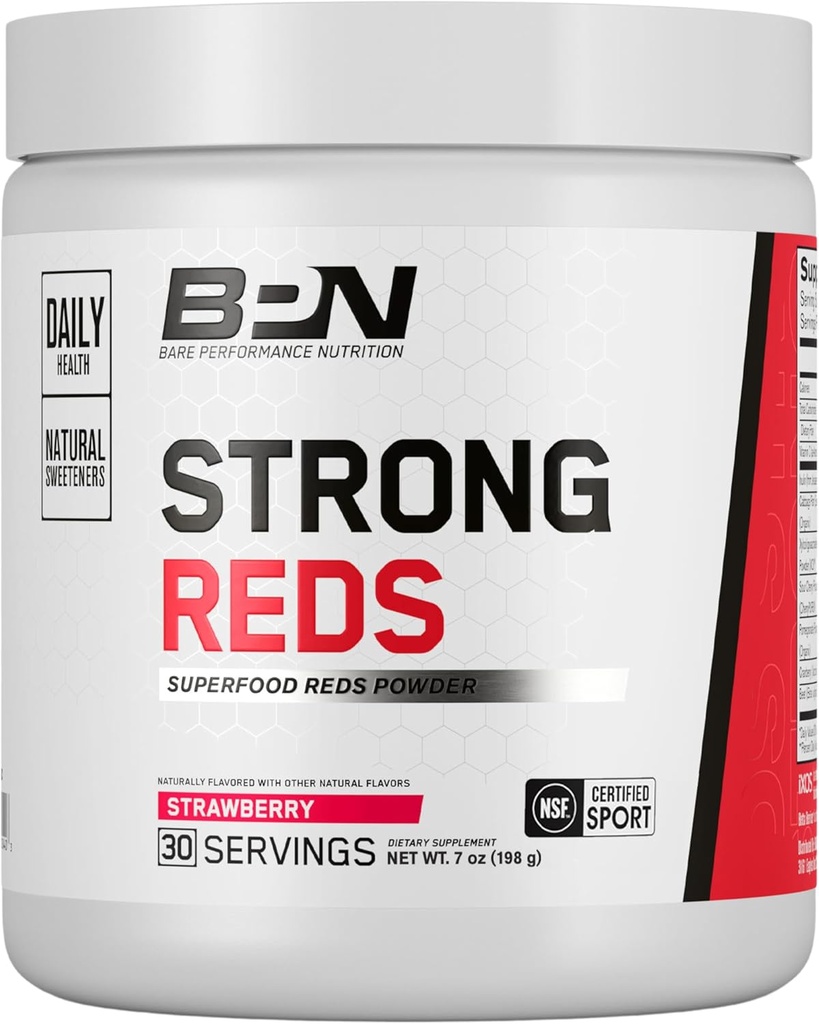 BARE PERFORMANCE NUTRITION, BPN Reds Strong Superfood Powder, enzymes digestives, antioxydants, énergie naturelle améliorée, 30 portions, fraise