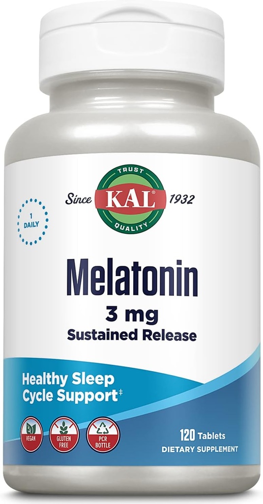 KAL Melatonin 3mg Aide au sommeil à libération prolongée, supplément à la mélatonine soutient la relaxation saine, une sensation de calme et un cycle de sommeil approprié, avec/ajout de vitamine B6, végétalien, sans gluten, 120 portions, 120 comprimés