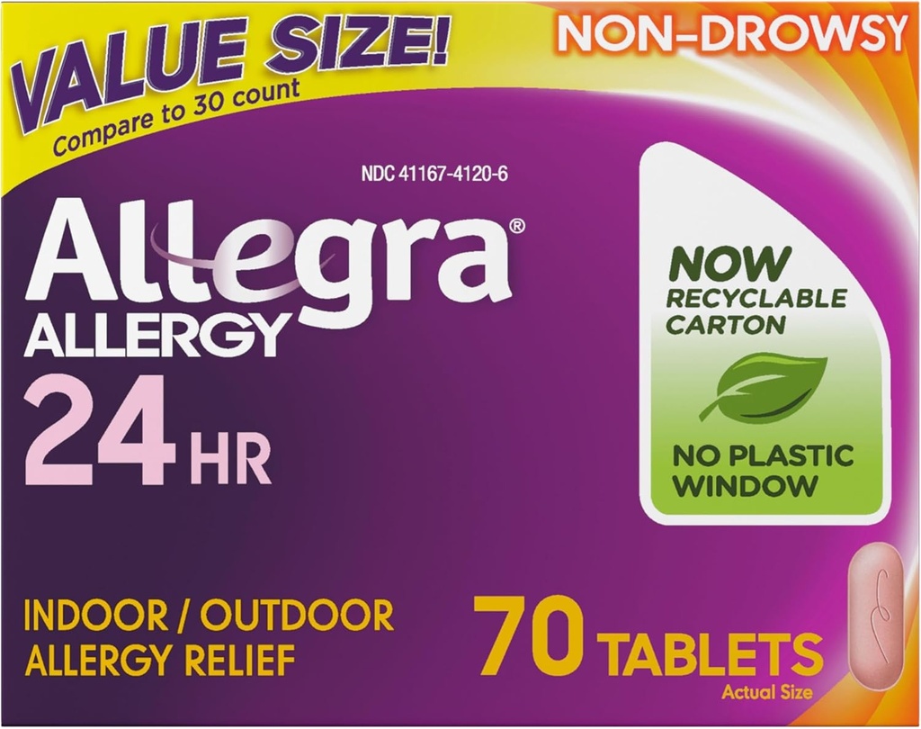 Allegra Comprimés antiallergiques adultes 24h/24, médicaments antiallergiques intérieurs et extérieurs non somnolents, 180 mg Fexofenadine HCI Antihistamine Pill, 70-Count