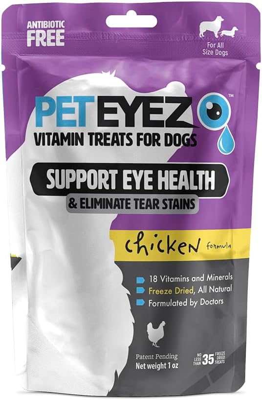 PetEyez Tear Stain Treats vitaminiques pour chiens - Soutien santé des yeux et de réduire les démangeaisons et la taie buildup - 100 % naturel Dog Treats w/Superfoods, Antioxydants et Nutriments - Arôme de poulet - 1oz