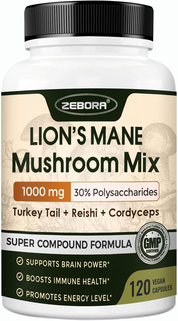 ZEBORA Lions Mane Supplément Capsules - Supplément de Champignons avec Lions Mane, Cordyceps, Reishi, Turquie Tail, Shiitake - Lion Mane Champignon pour la mémoire, Focus & Immmune Support - 119 Capsules Vegan