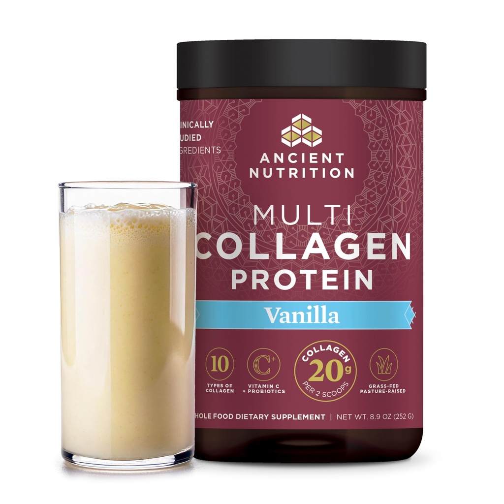 Ancient Nutrition Collagène Peptides Poudre, Protéines Multi Collagènes, Femmes & Hommes, Vitamine C, Probiotiques, Collagène Hydrolysé, Supporte la peau, articulaires, Santé Gut, Vanille, 24 portions