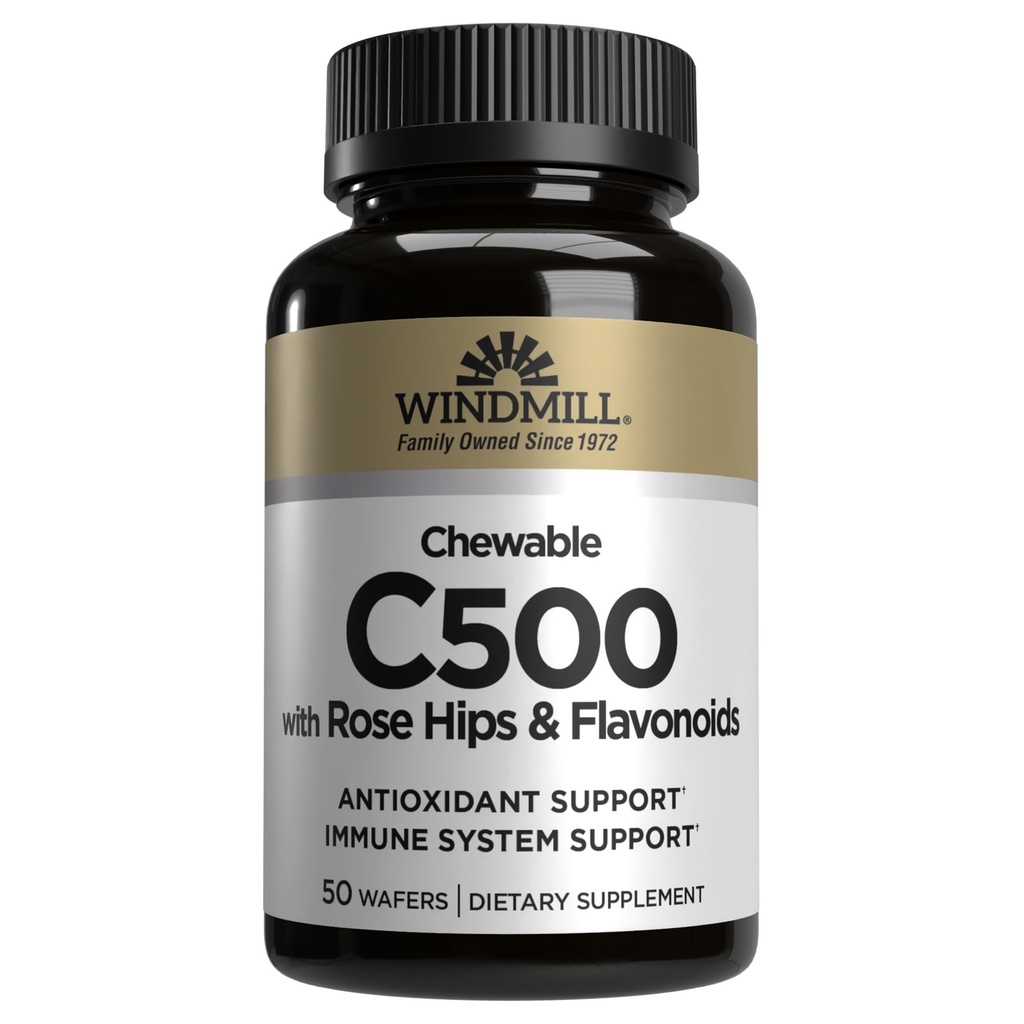 Windmill Vitamines naturelles Vitamine C 500 mg, avec HIPS de Rose et bioflavonoïdes, Immune Booster, Support antioxydant, Comprimés à croquer, Berry d'acérola, 50 comprimés, 50 portions