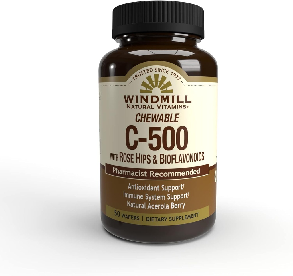 Windmill Vitamines naturelles Vitamine C 500 mg, avec HIPS de Rose et bioflavonoïdes, Immune Booster, Support antioxydant, Comprimés à croquer, Berry d'acérola, 50 comprimés, 50 portions