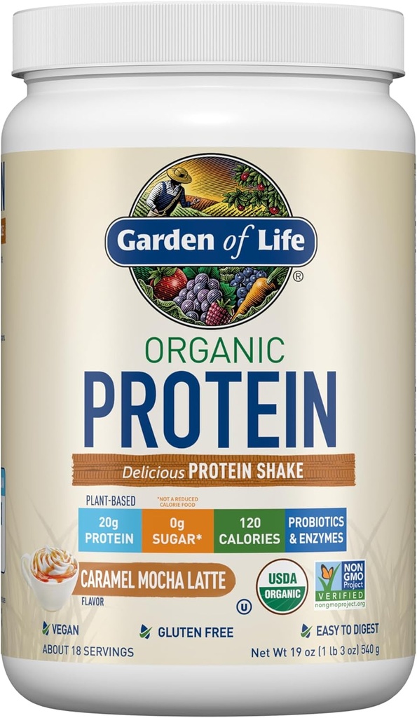 Jardin de la vie Poudre de protéines végétales - Caramel Mocha Latte - 20g Protéines végétales, BCAA, probiotiques et enzymes digestives - Sans gluten, sans OGM