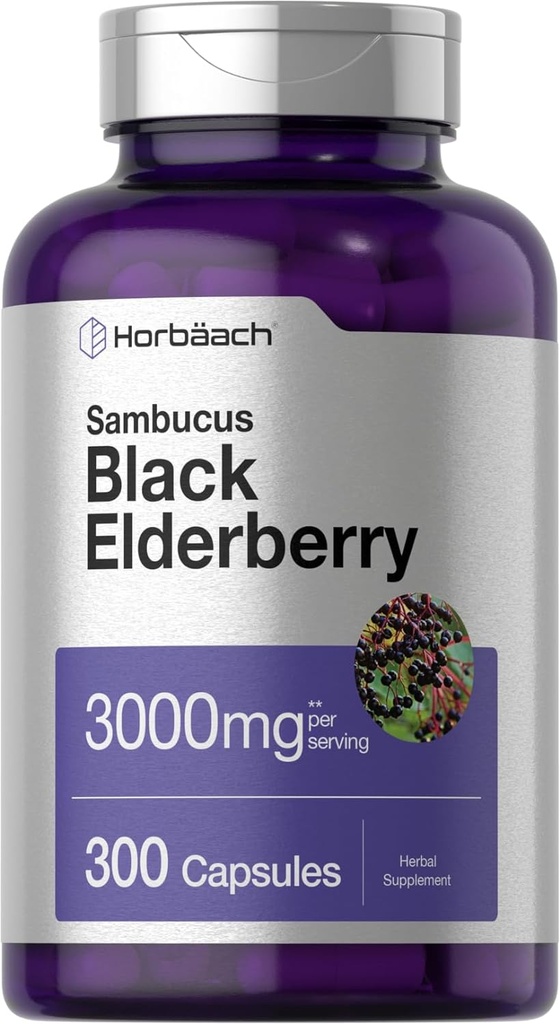 Horbäach Black Elderberry (en anglais seulement) 3000mg Capsules (en anglais seulement) 300 Count (en anglais seulement) Non-OGM, sans gluten Supplément Sambucus