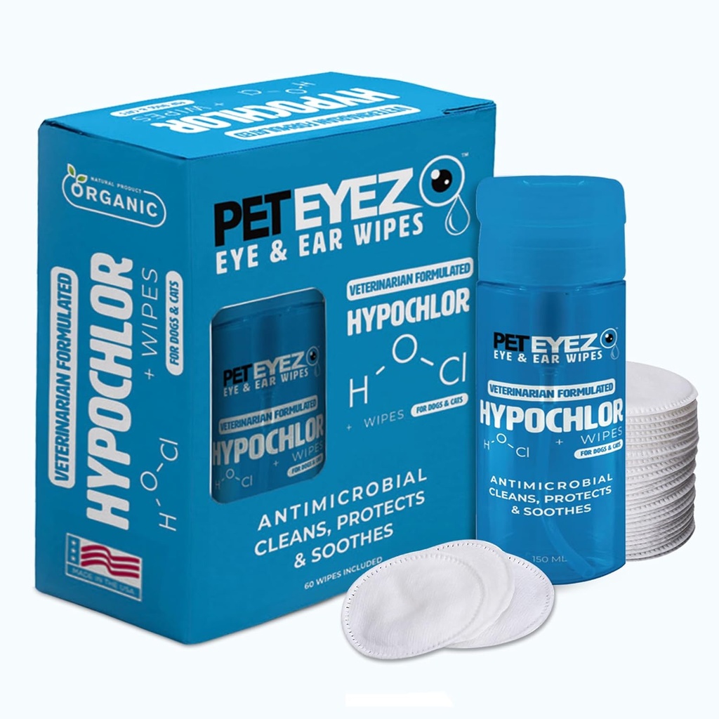 PetEyez Vétérinaire formule solution anti-tétine pour chiens et chats - Nettoyeur désodorisant hypoallergénique pour éliminer la saleté, la décharge et la croûte des oreilles, des yeux, des pattes et du cul - 100 Wipes