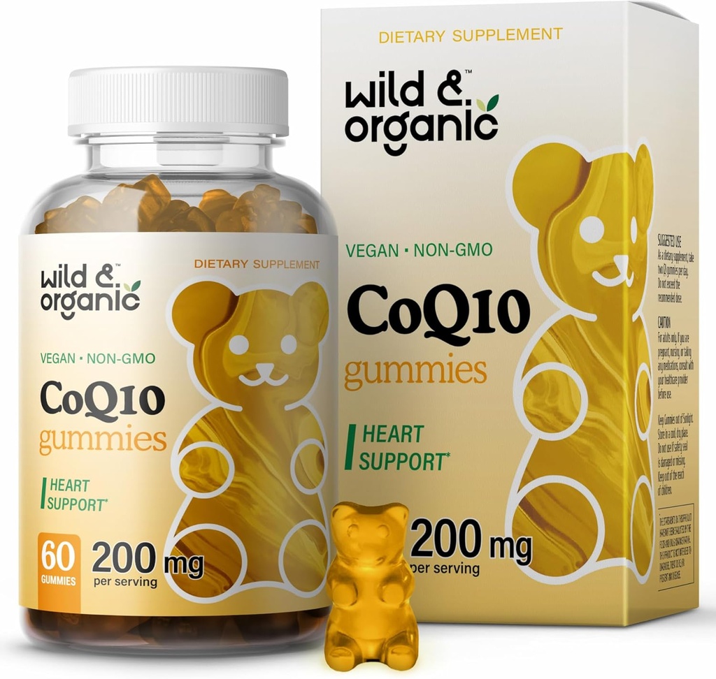 Wild & Organic CoQ10 Gummies - Vegan CoQ10 200mg Supplément antioxydant avec Ubiquinone - Énergie Naturelle et Gummies de Focus avec Coenzyme Q10-60 Pectines non OGM