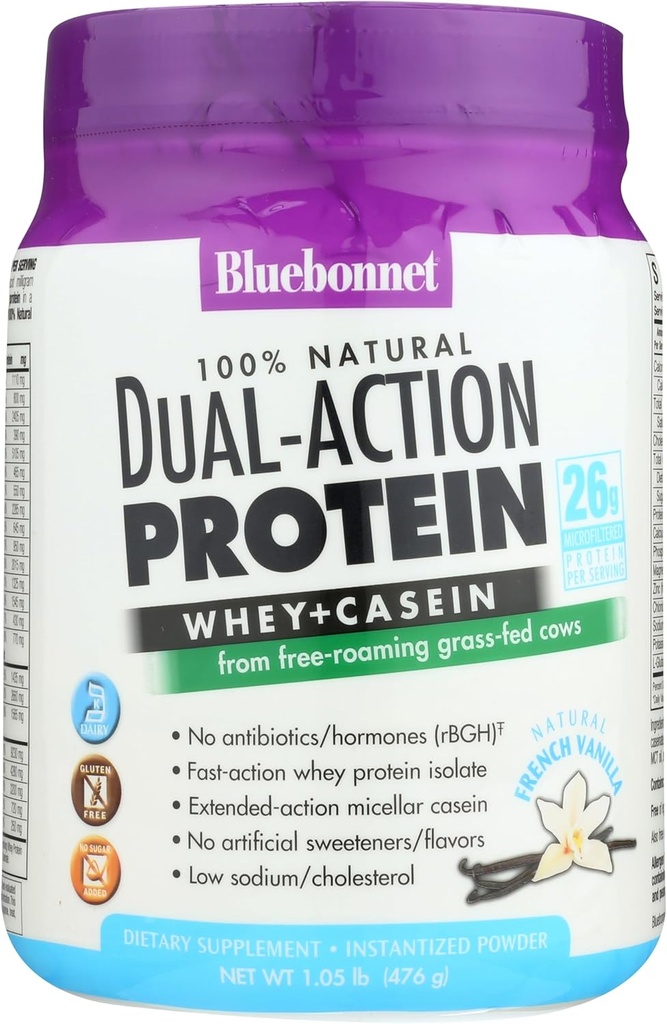 Bluebonnet Nutrition Poudre de protéines à double action, lactosérum des vaches herbeuses, sans sucre ajouté, sans OGM, sans gluten et sans soja, laiterie casher, vanille française, blanc cassé, 16,8 Oz