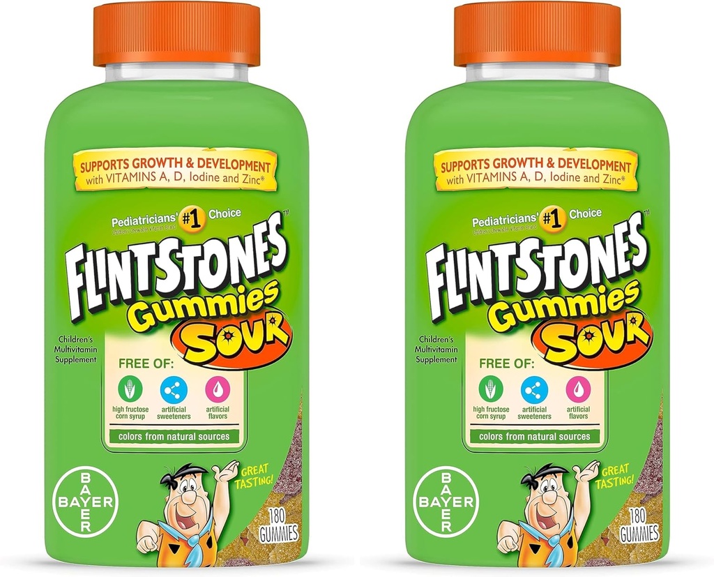 Flitstones Gommies acides Vitamines pour enfants, Multivitamines pour les enfants avec des vitamines A, B6, B12, C, D et plus, 180ct (paquet de 2)