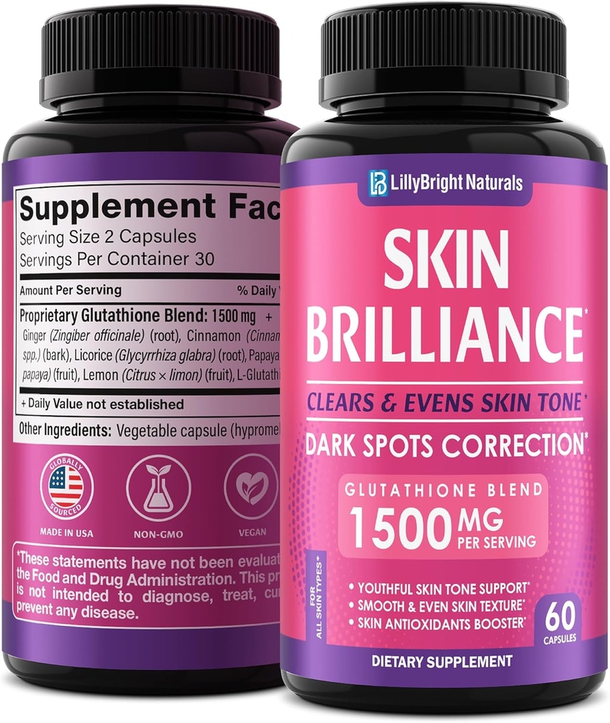 Glutathione Capsules - 1,500mcg L-Glutathione Supplement with Vitamin C - Skin Tone Enhancer - Targets Dark Spots & Acne Marks - Potent Antioxidant - 60 Skin Pills