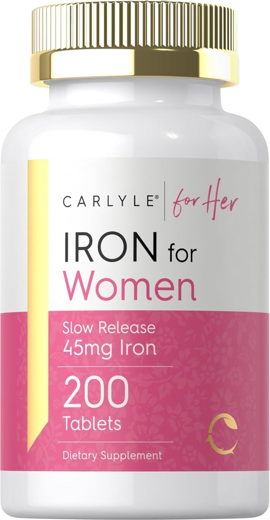Carlyle Iron Supplement pour les femmes $ 45mg $ 200 comprimés à libération lente $ Végétarien, non-OGM, pilules sans gluten $ pour elle